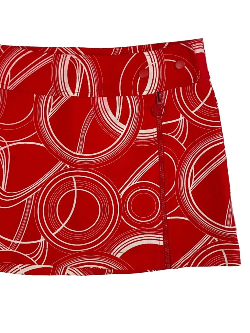 2000s red mod circle mini skirt.